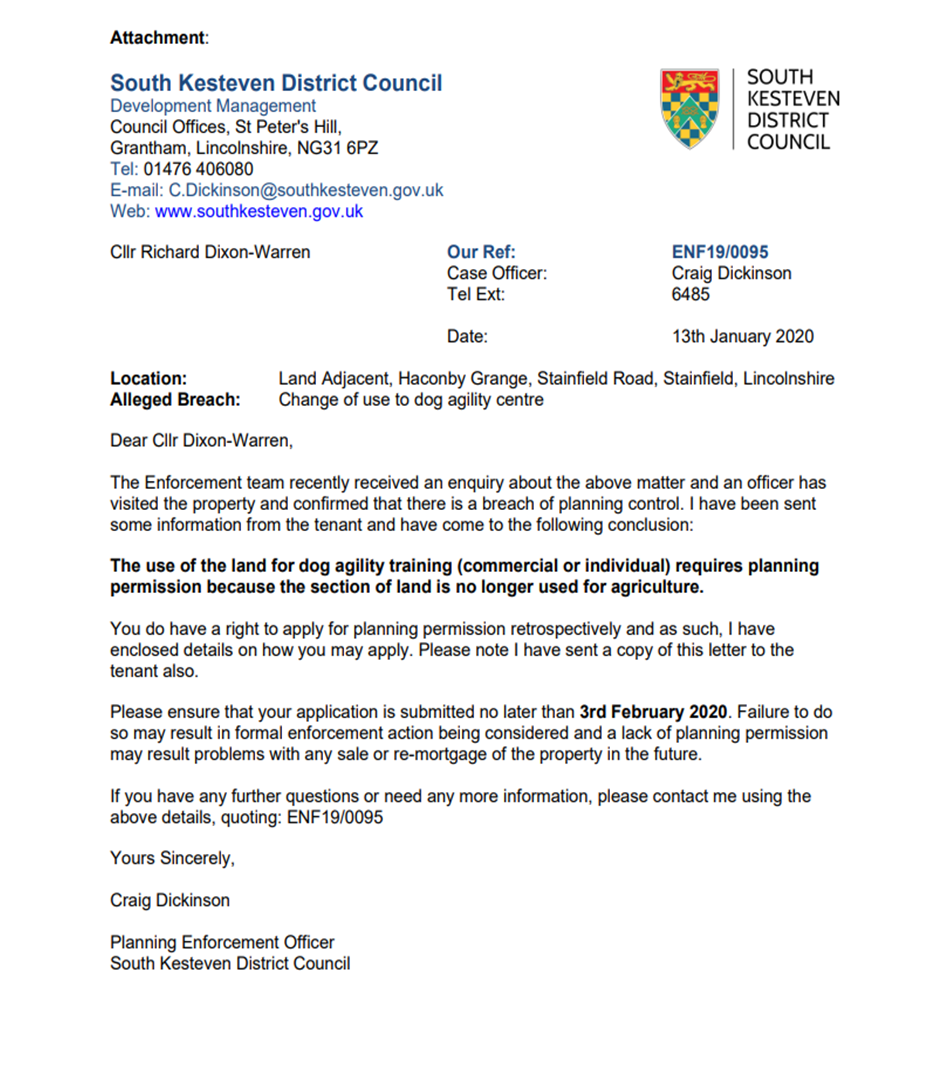 a copy of a letter reecived from the Planning Officer